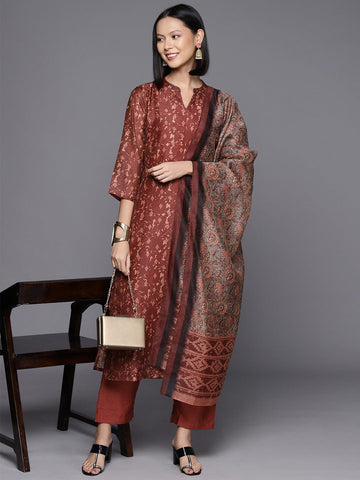 Rust Abstract Printed Straight Kurta Paired With Tonal Bottom And Contrast Floral Printed Dupatta